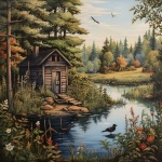 Cabin By Lake Calendar Art