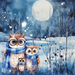 Owl Family In Blue Forest