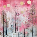 Wintry Pink Forest With Birds