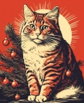 Tabby Cat By Christmas Tree