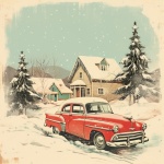 Vintage Red Car In Snow