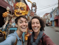 Woman Posing With Carnival Actor