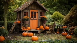Wooden Cottage In Fall