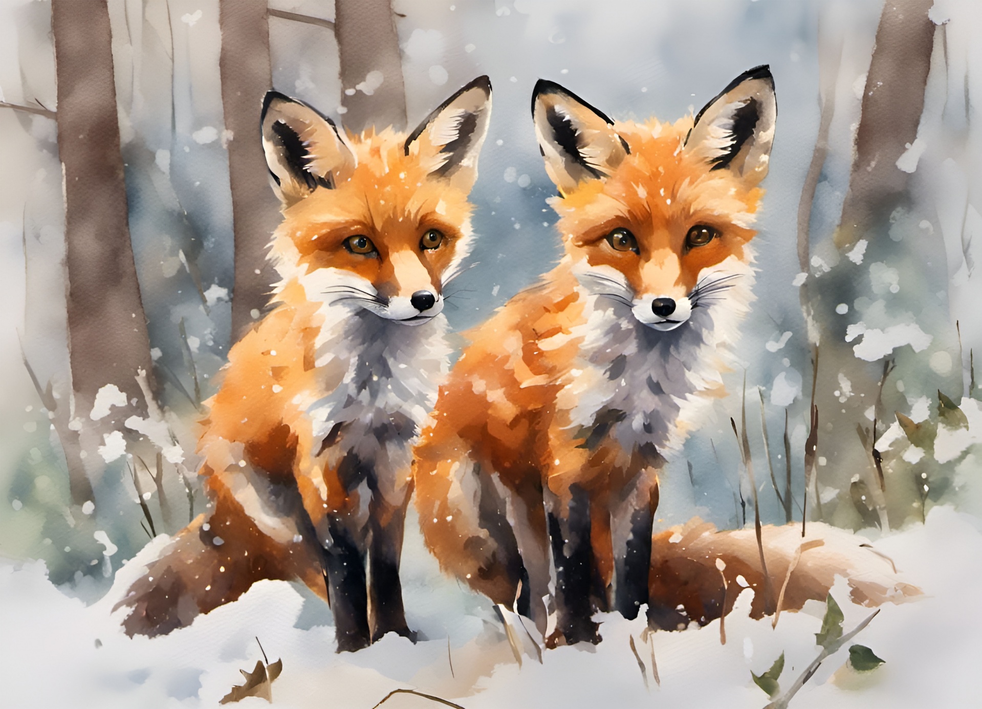 Fox Winter Snow Watercolor