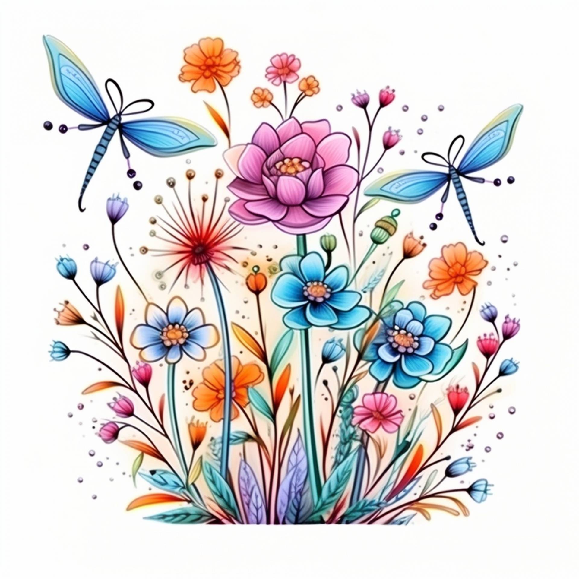 Dragonflies And Flower Doodle Art