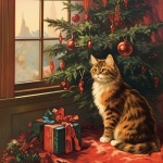 Vintage Cat By Christmas Tree