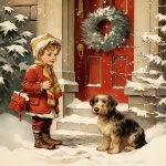 Vintage Christmas Child And Dog Art