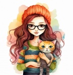 Girl In Sweaters Holding Cat