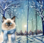 Christmas Cat In Blue Forest Art