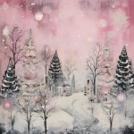 Whimsical Pink Wintry Village Art