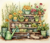 Watercolor Gardening Shelves Art