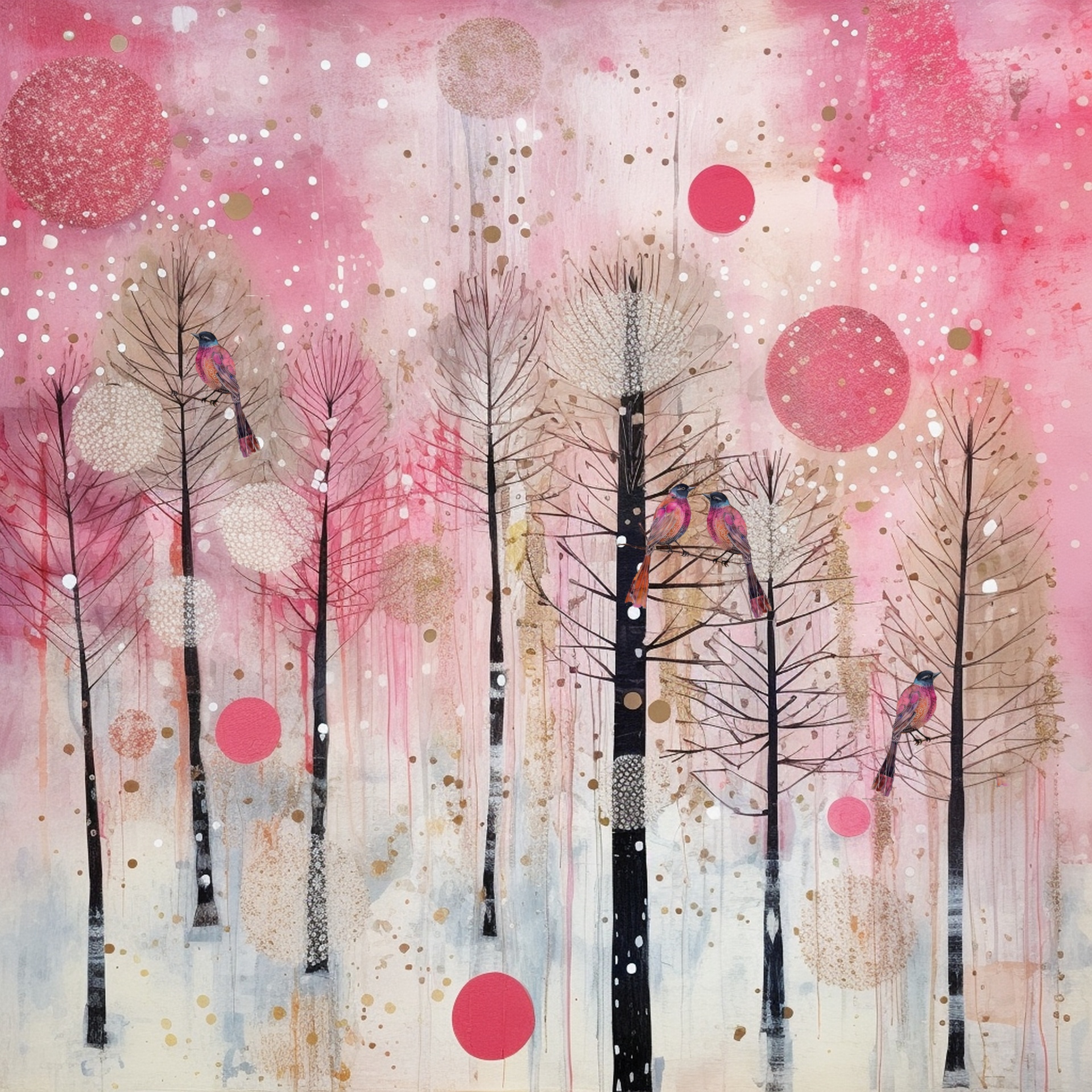 Whimsical Pink Winter Forest Art
