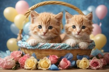 Cute Kittens Inside A Straw Basket