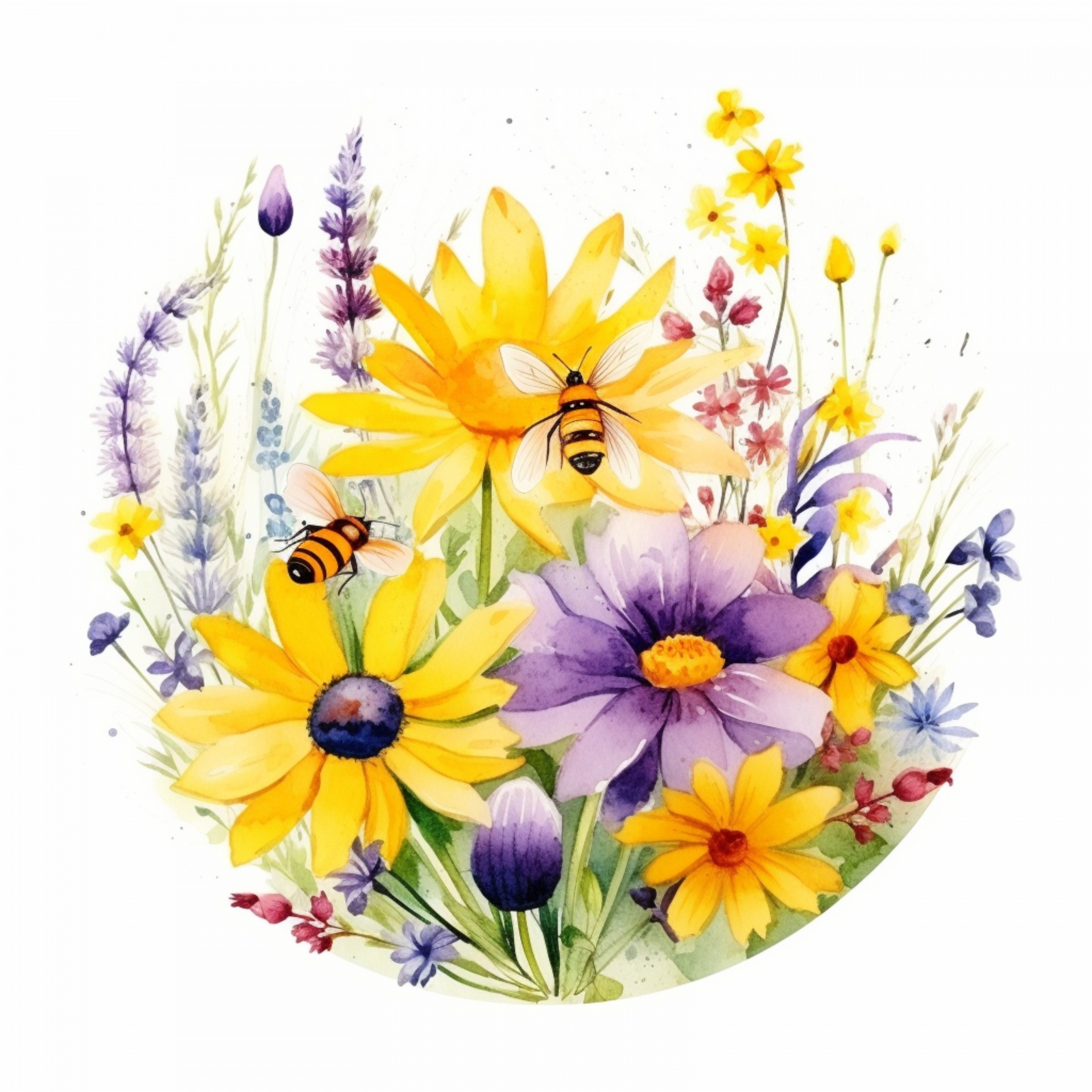 Flowers And Bee Watercolor Art Free Stock Photo - Public Domain Pictures