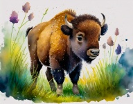 Bison, Watercolor, Digital Painting