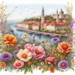 City Landscape And Flower Field