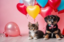 Cute Puppies W Balloons And Hearts