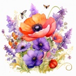 Watercolor Spring Red Purple Flower