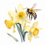 Watercolor Daffodil Blooms And Bee