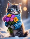Kitten Cat With Bouquet Of Flowers