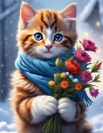 Kitten Cat With Bouquet Of Flowers