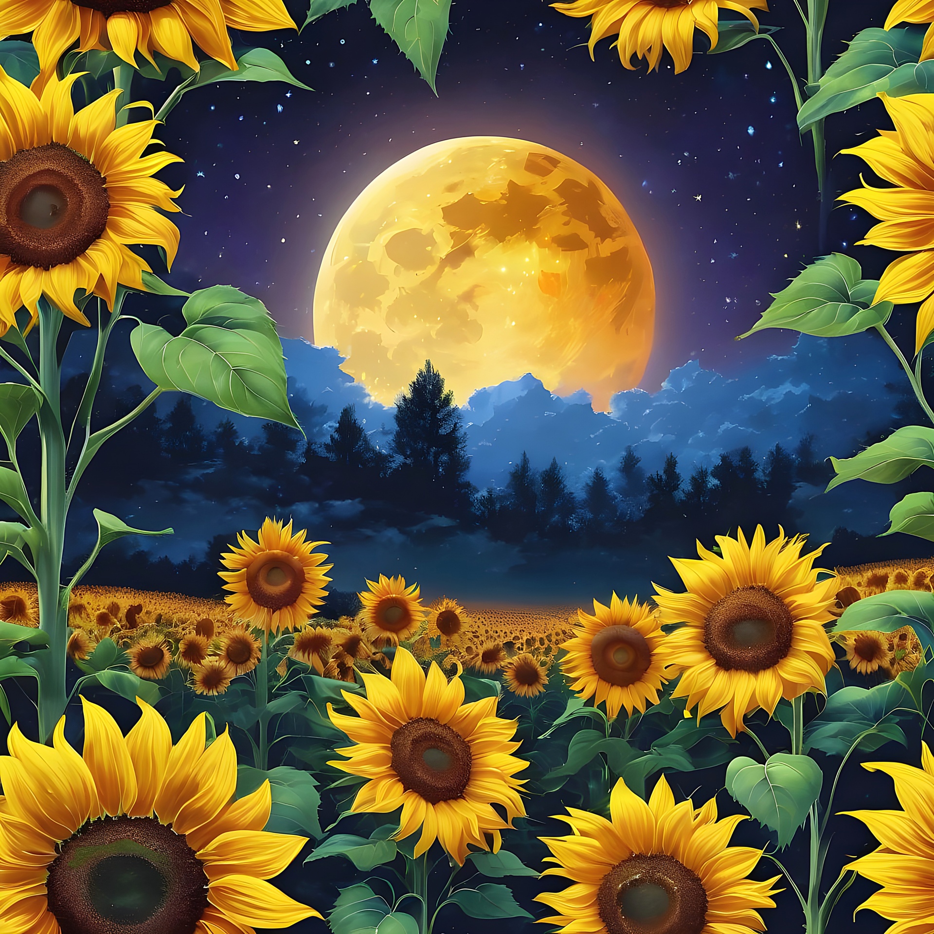 Sunflowers Full Moon Night Free Stock Photo - Public Domain Pictures