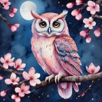 Owl Cherry Blossom Moon Illustration