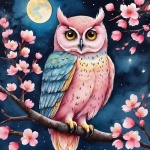 Owl Cherry Blossom Moon Illustration
