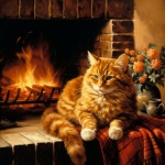 Ginger Tabby By Fireplace Art