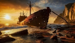 Sunset, Sea, Shipwreck, Landscape