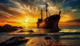 Sunset, Sea, Shipwreck, Landscape