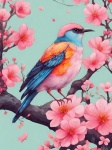 Bird On The Branch, Pink Flowers