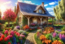 Flower Garden With Cottage