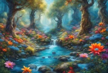 Forest River And Flowers