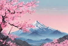 Springtime Sakura Tree And Mountain
