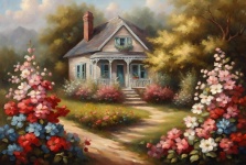 Vintage Cottage And Flower Garden