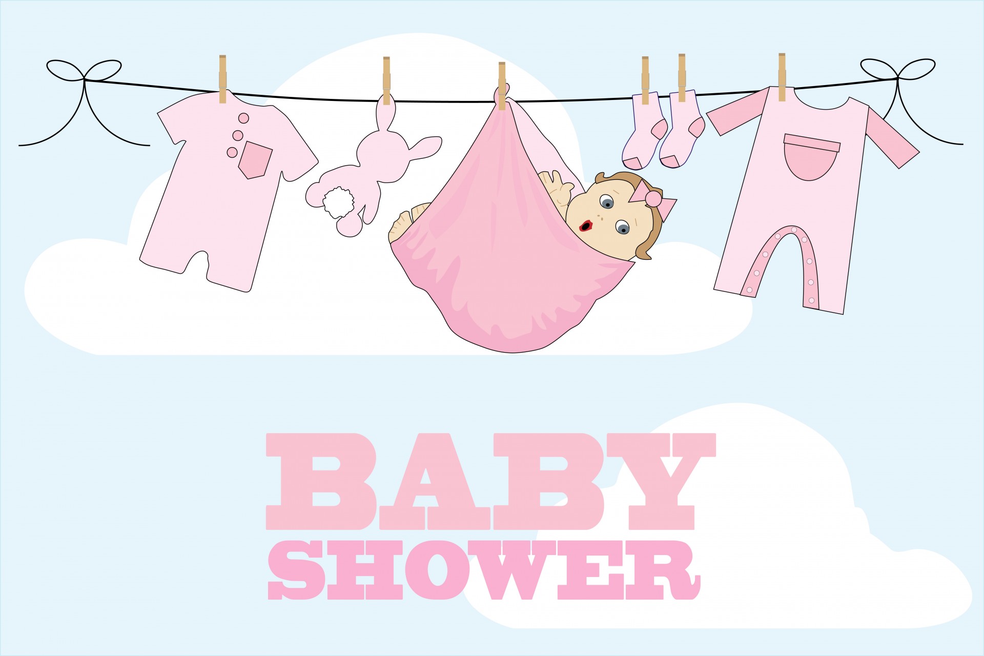 Cute baby girl dangling from clothes washing line baby shower card template