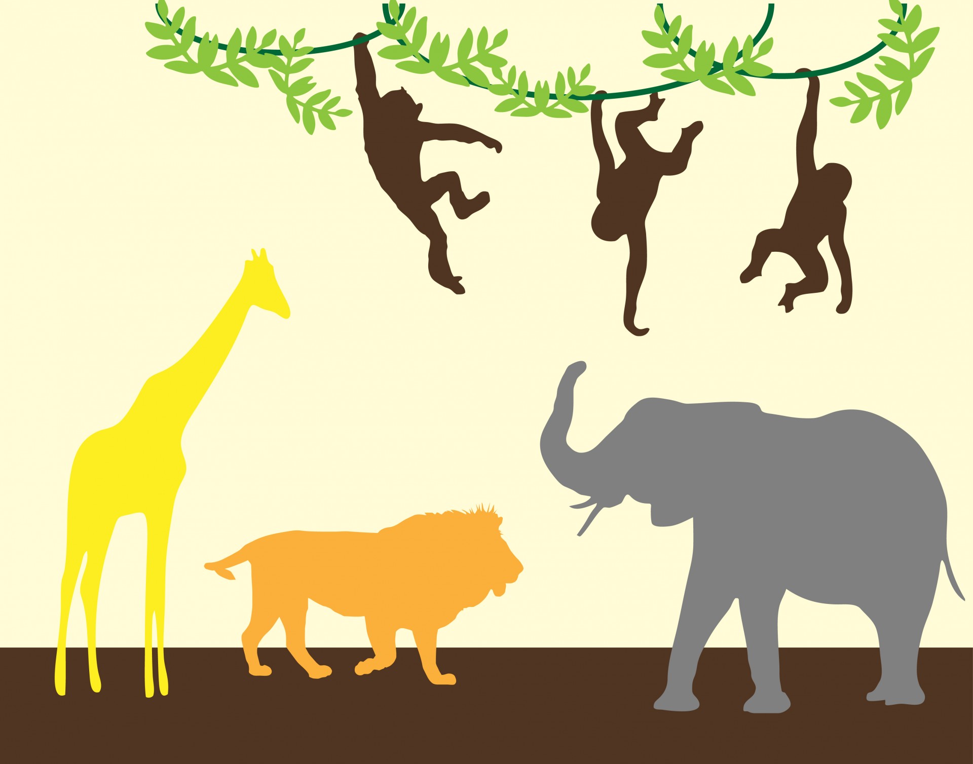 Cute colorful silhouettes of jungle animals, monkey, giraffe, lion and elephant