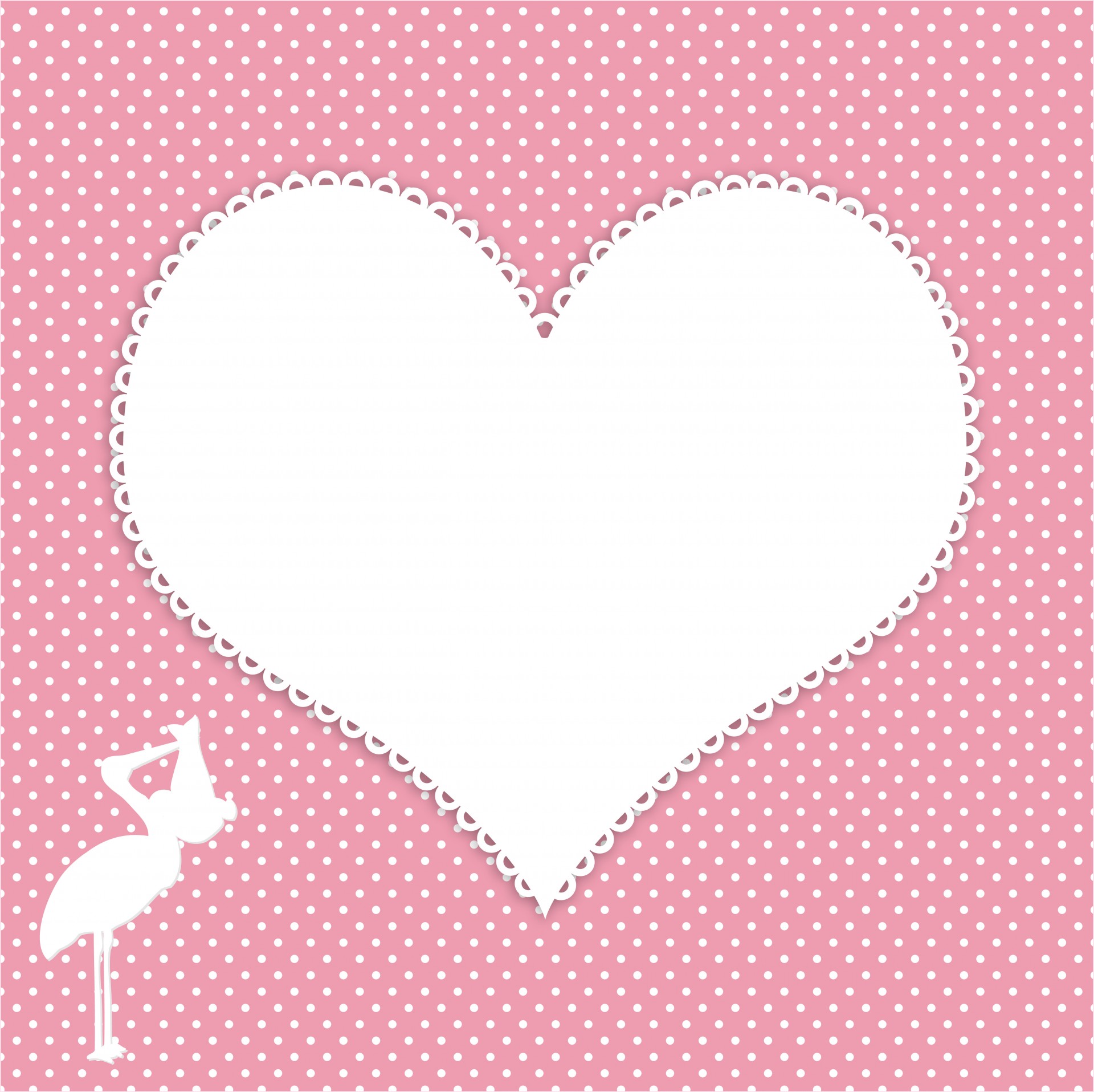 Stork with baby girl and white heart on pink polka dots background for scrapbooking