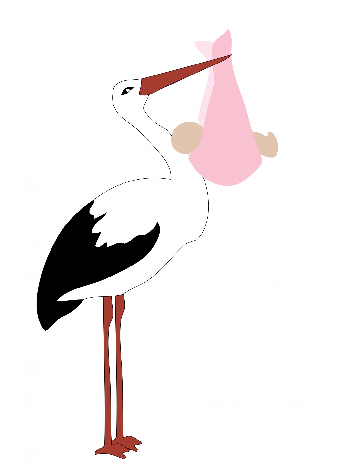 Stork carrying baby girl illustration for card making