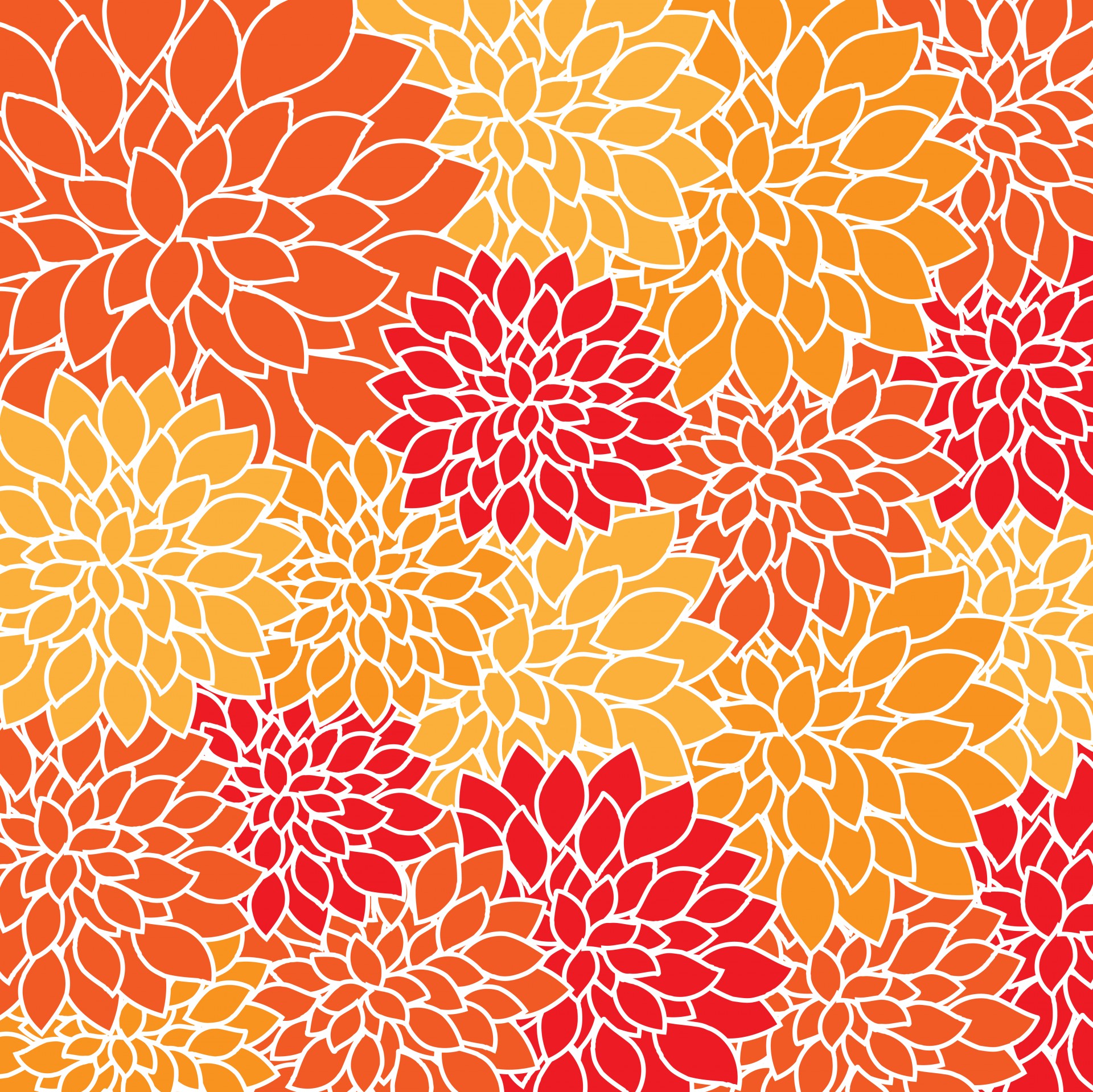 Vintage floral shades of orange, red dahlia flowers wallpaper pattern background