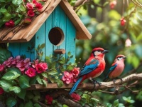 Colorful Birds, Birdhouse, Flowers
