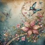 Vintage Floral Music Butterfly Art