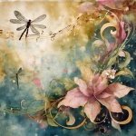 Vintage Floral Music Dragonfly Art