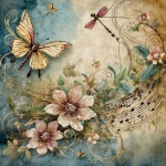 Vintage Floral Music Butterfly Art