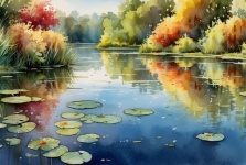 Watercolor Pond, Lily Pads