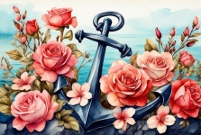 Watercolor Roses With Anchor