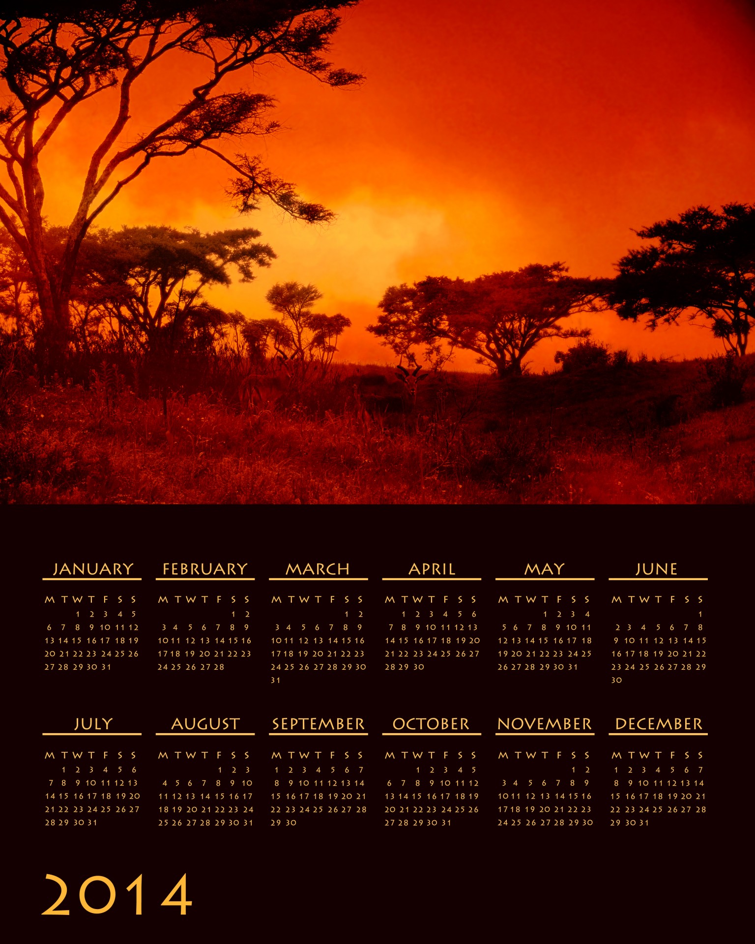 2014 calendar with black background