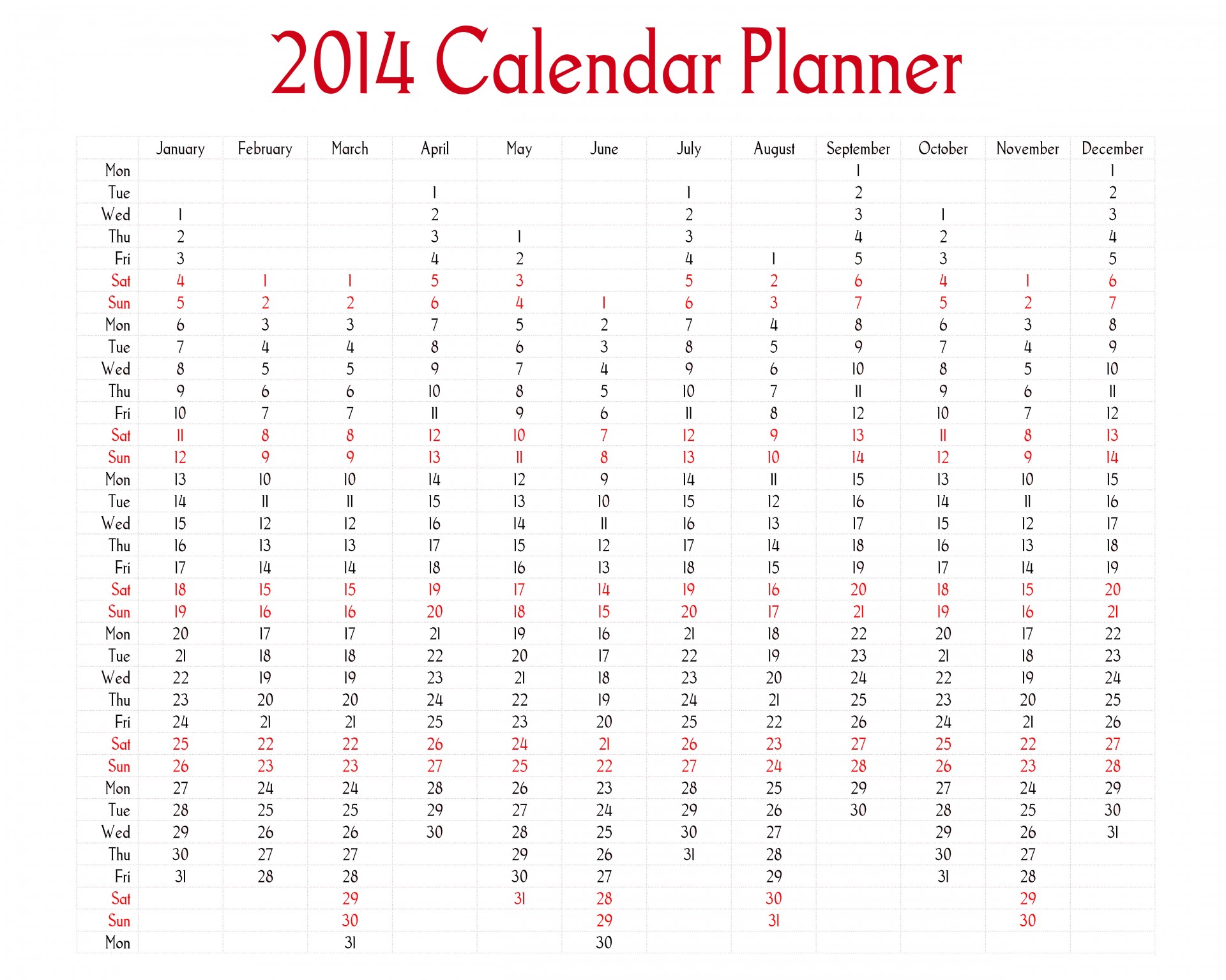 2014 Calendar Planner