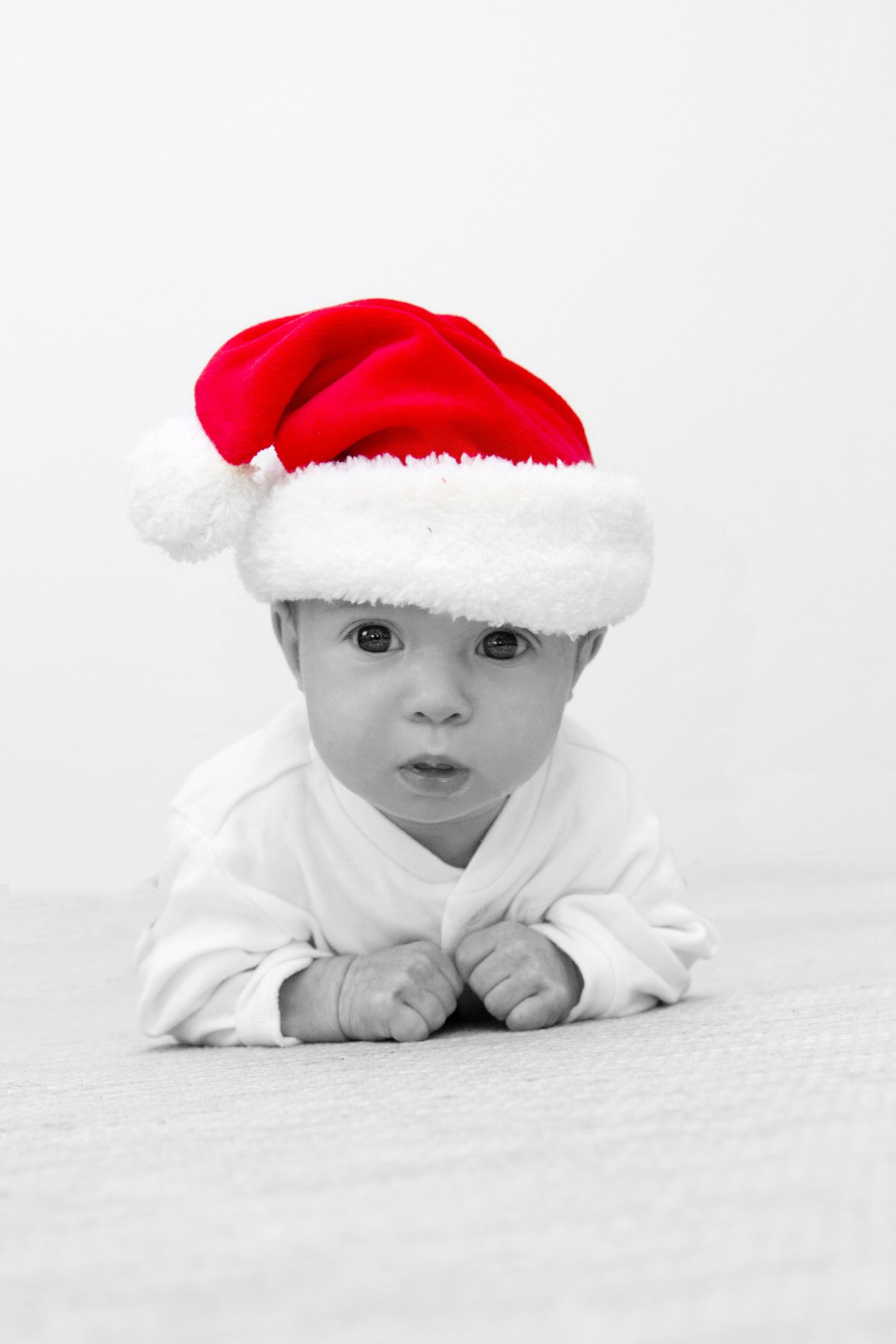 Baby with santa's hat black and white